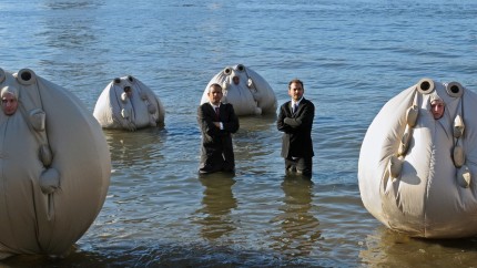 Andy Bichlbaum and Mike Bonanno with Survivaballs-saturat